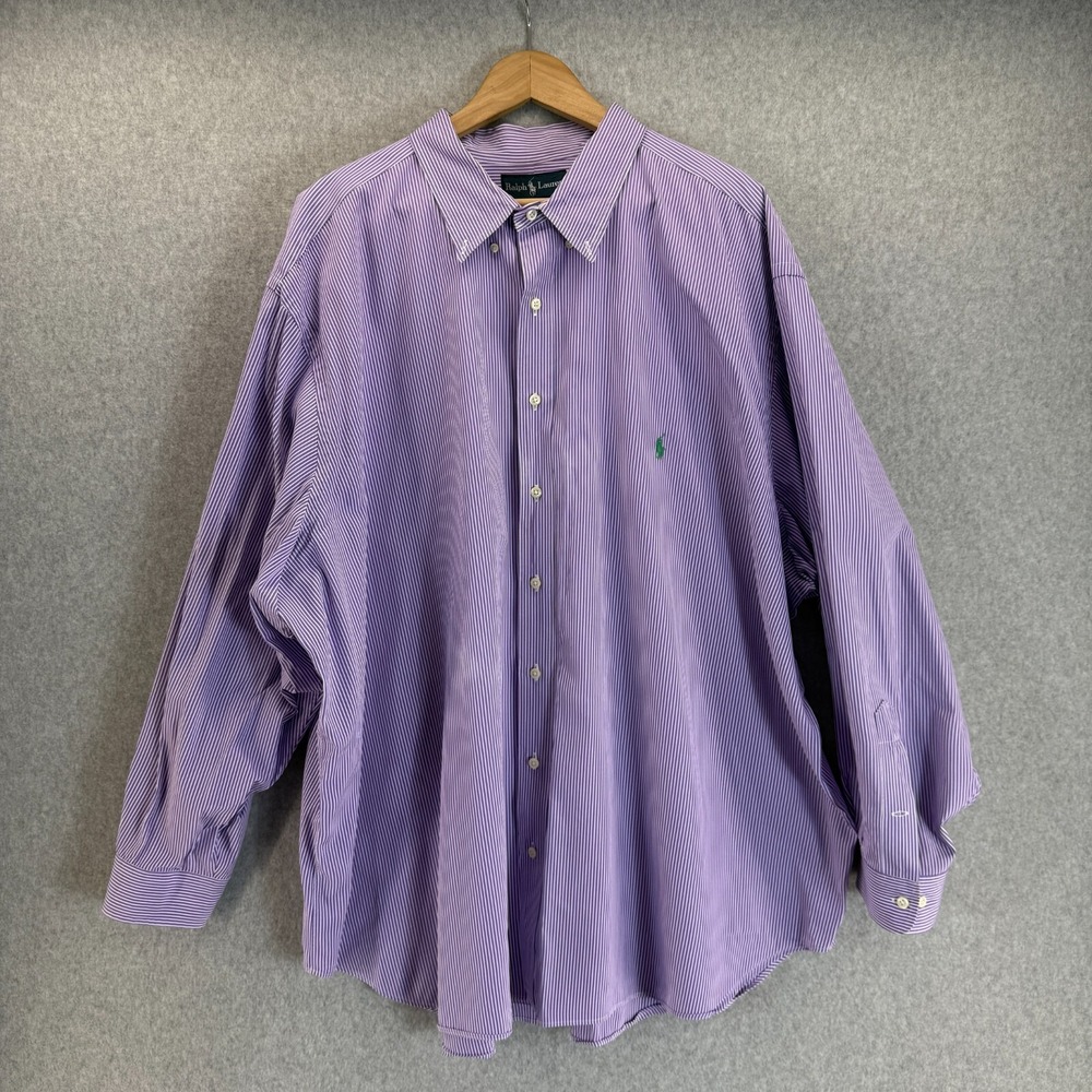 Ralph Lauren Mens Size 20 34 / 35 4XL Shirt Purple Stripe Button Down LS Pony